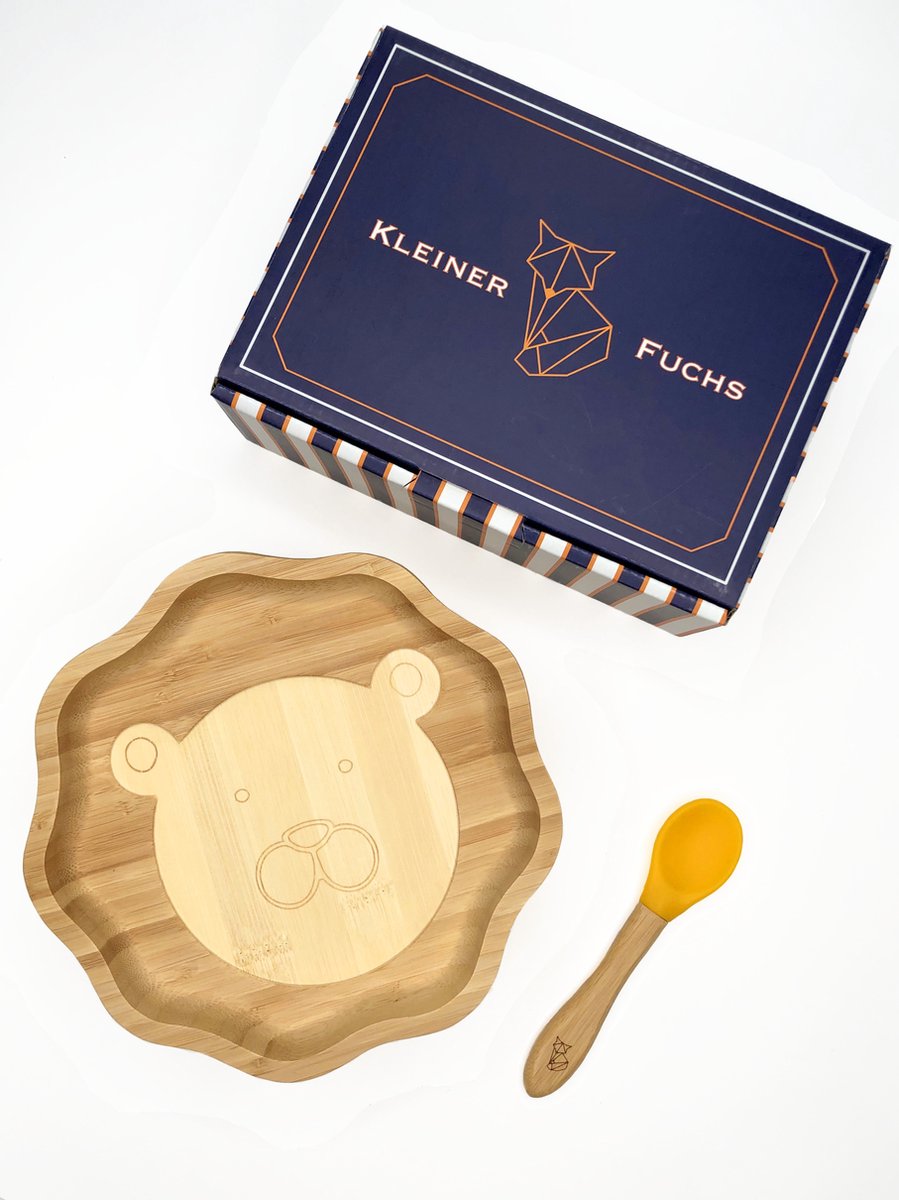 Assiette Bébé En Bambou Avec Ventouse Antidérapante Et Cuillère - Design Animaux, Sans BPA