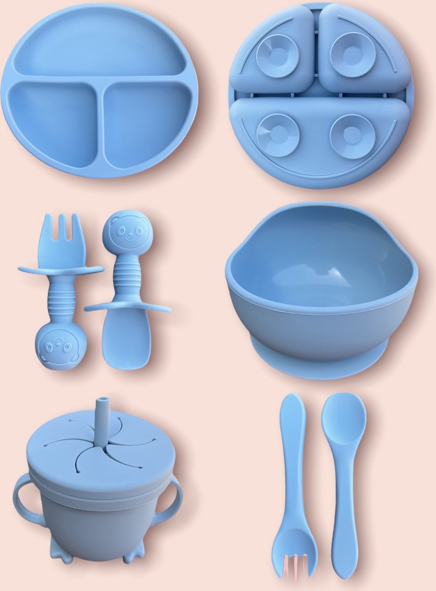 JUMPYTOYS - Kinderservies met zuignap - BPA Vrij- Babyservies - Baby bestek - babybox - Silliconen eetset - 9 delig - Babyshower - Blauw