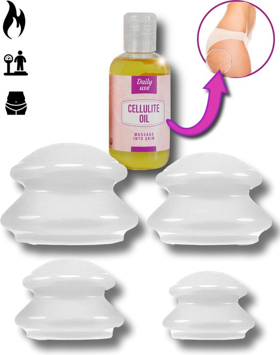 Cellulite cups – cupping set massage – 4 stuks – met massage olie – cellulite massage apparaat