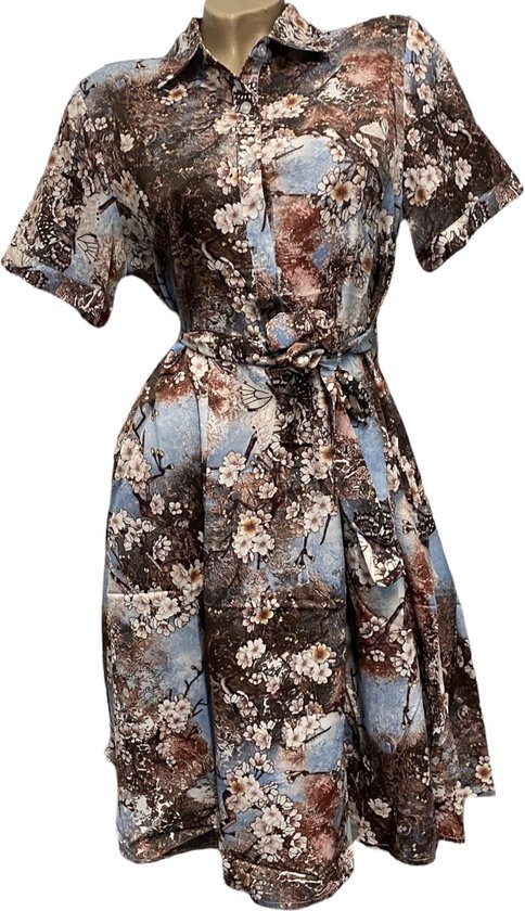 Dames jurk met bloemenprint S/M lichtblauw/beige/bruin