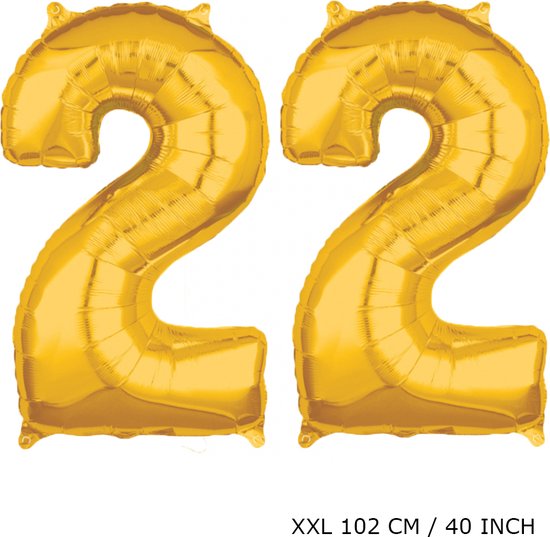 Mega grote XXL gouden folie ballon cijfer 22 jaar.  leeftijd verjaardag 22 jaar. 102 cm 40 inch. Met rietje om ballonnen mee op te blazen.