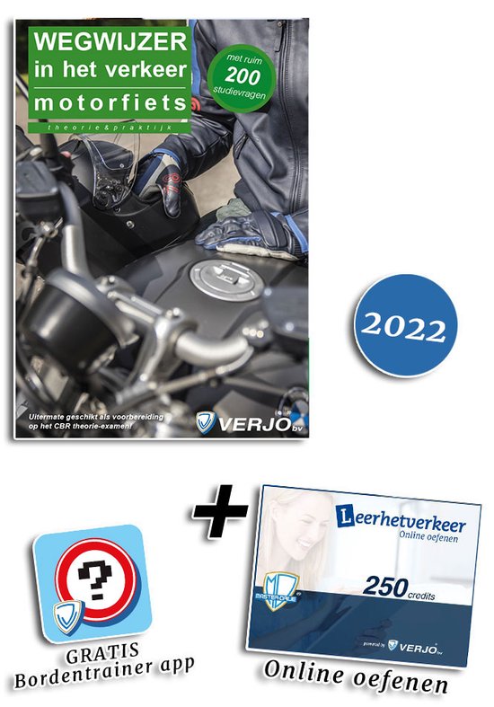 Het uitgebreide CBR -theorie rijbewijspakket motorfiets met ruim 200 studievragen, 250 online examentrainingsvragen en gratis Verjo ”Bordentrainer” app. Het uitgebreide CBR -theorie rijbewijspakket motorfiets met ruim 200 studievragen, 250 online examentrainingsvragen en gratis Verjo ”Bordentrainer” app.