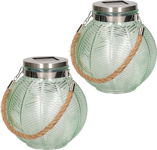 2x stuks groene solar lantaarn van gestreept glas rond 16 cm – Tuinlantaarns – Solarverlichting – Tuinverlichting
