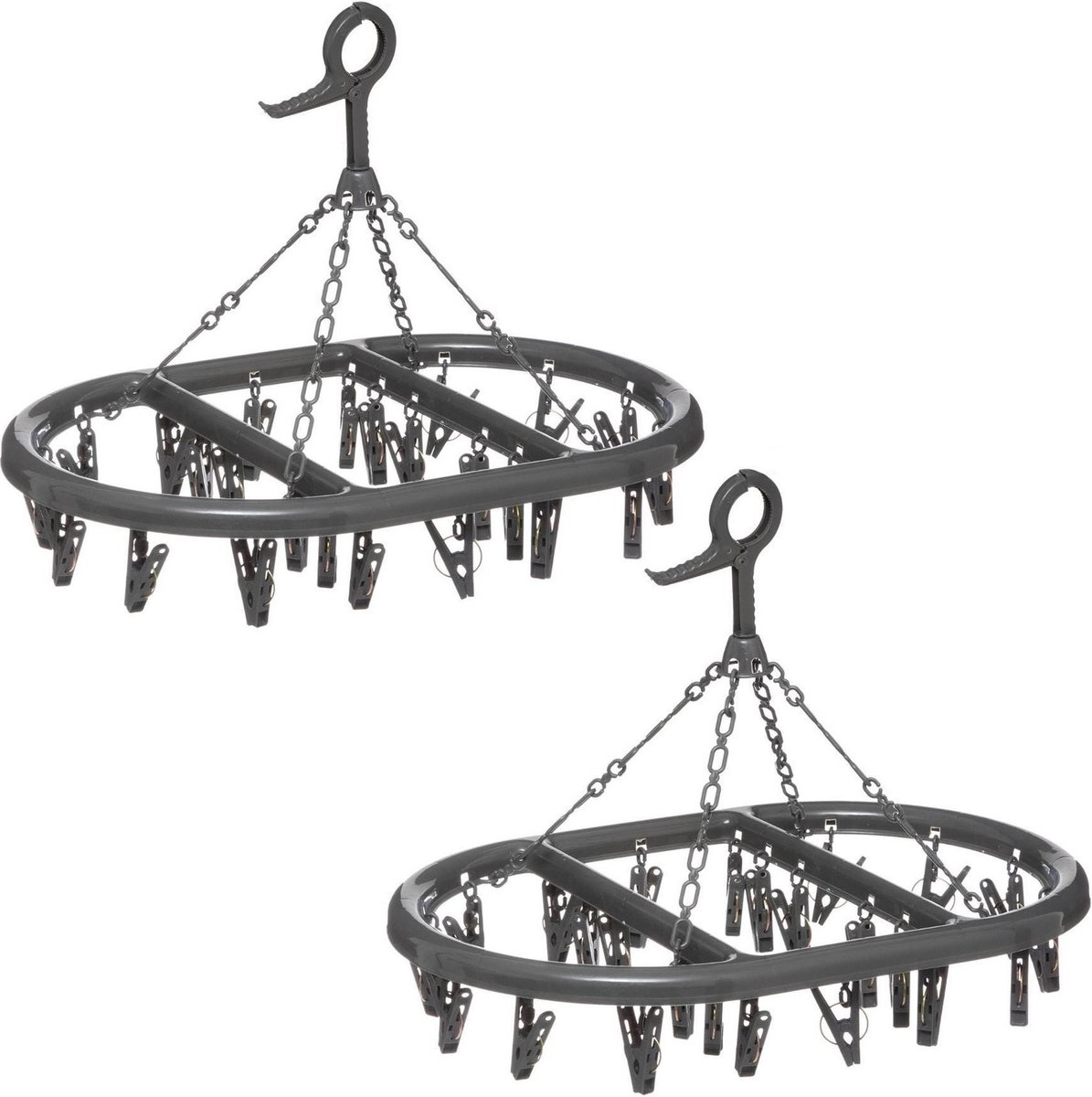 Set van 2x stuks droogcarrousel/droogmolen zwart met 24 knijpers 45 x 33 cm van kunststof - Droogrekje