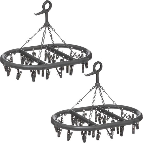 5Five Droogcarrousel/droogmolen - Set van 2x stuks - donkergrijs - met 24 knijpers 45 x 33 cm van kunststof - Droogrekje