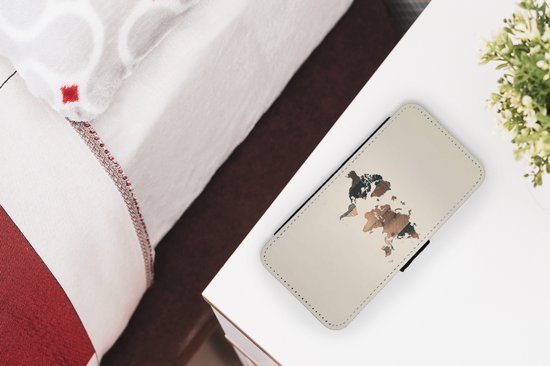 Étui pour téléphone iPhone XR Bookcase - Carte du Wereldkaart - Bois - Étagère - Avec compartiments - Étui portefeuille avec fermeture magnétique
