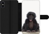 Bookcase Geschikt voor iPhone X telefoonhoesje - Kind - Aap - Chimpansee - Baby dieren - Jongens - Meiden - Met vakjes - Wallet case met magneetsluiting