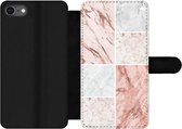 Bookcase Geschikt voor iPhone SE 2020 telefoonhoesje - Marmer print - Wit - Rosé - Met vakjes - Wallet case met magneetsluiting