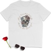 Dames T Shirt - Bloemen Doodshoofd en Tekst - Wit - Maat L