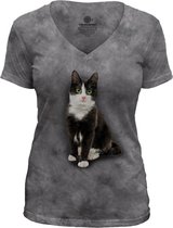Ladies T-shirt Black & White Cat V-neck Tri-Blend M