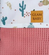 Wiegdeken 75 x 100 cm - Oud Roze met Cactus Print - 100% Katoen - Glam Baby - Wafelkatoen