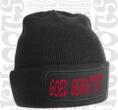 GOED GEMUTST muts - Zwart + rode tekst - Beanie - One Size - Uniseks - Grappige teksten | Designs - Original Kwoots - Wintersport - Aprés ski muts - Cadeau - Voor zowel mannen als