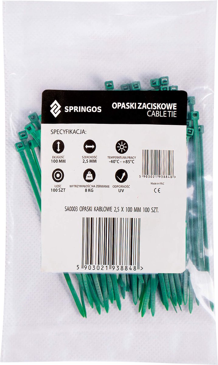 Springos Kabelbinders | Tie Wraps | Tyraps | Tie Rips | 100 x 2.5 mm | 100 stuks | Groen