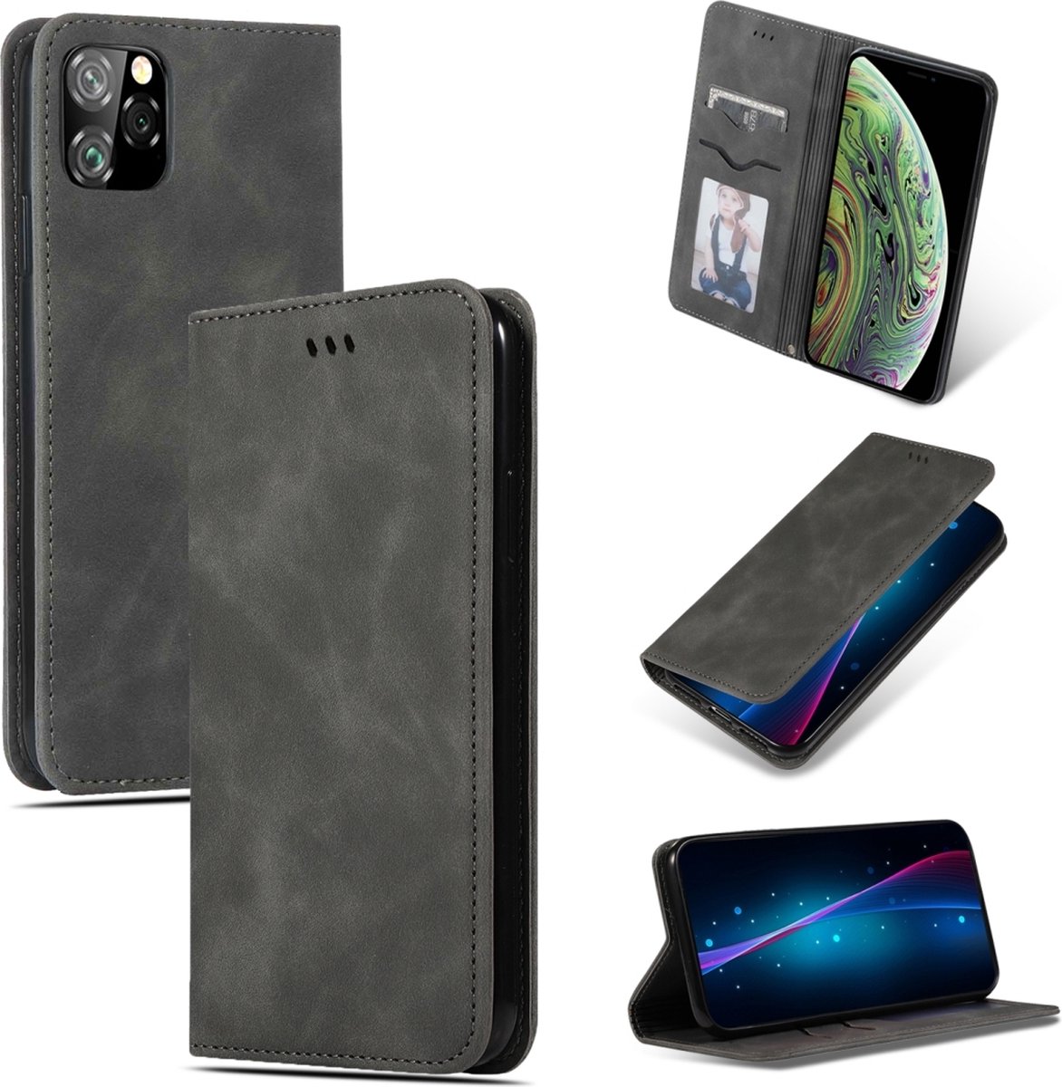 Mobigear Telefoonhoesje geschikt voor Apple iPhone 11 Pro Hoesje | Mobigear Retro Slim Bookcase | Pasjeshouder voor 2 Pasjes | Telefoonhoesje voor Pinpas / OV Kaart / Rijbewijs - Grijs