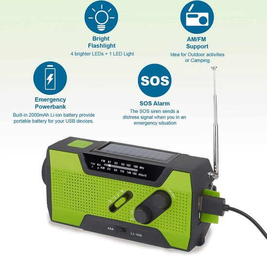 AOKBON Draagbare zonne-radio, noodradio, weer, 2000 mAh, zwengelradio met AM /FM/NOAA radio, dynamo, IPX3, telefoonopladen met led-zaklamp, SOS-alarm, USB-kabel voor wandelen, kamperen