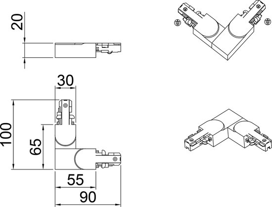 Interconnexion de Voie - Trion Dual - Connecteur Angle L - Terre Extérieure - 2 Phases - Wit Mat