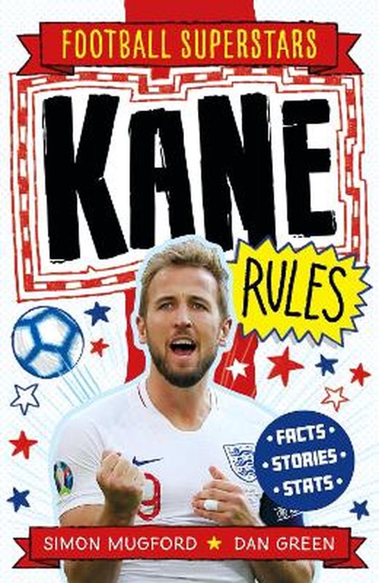 Boekhoes met Harry Kane in het Engelse voetbaltenue, met de tekst 'Football Superstars Kane Rules'.