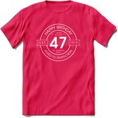 47th Happy Birthday T-shirt | Vintage 1975 Aged to Perfection | 47 jaar verjaardag cadeau | Grappig feest shirt Heren – Dames – Unisex kleding | - Roze - L