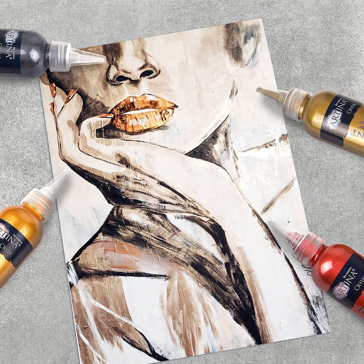 Artina Crylic - Acrylverf Set Metallic 6x75ml - Acrylverf Goud, Zilver, Brons, Koper - Lichtgevende Acrylverf voor Canvas, Klei, Papier, Beton — afbeelding 6