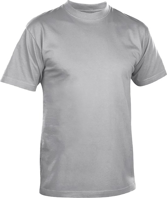Lichtgrijs T-shirt met ronde hals en korte mouwen.