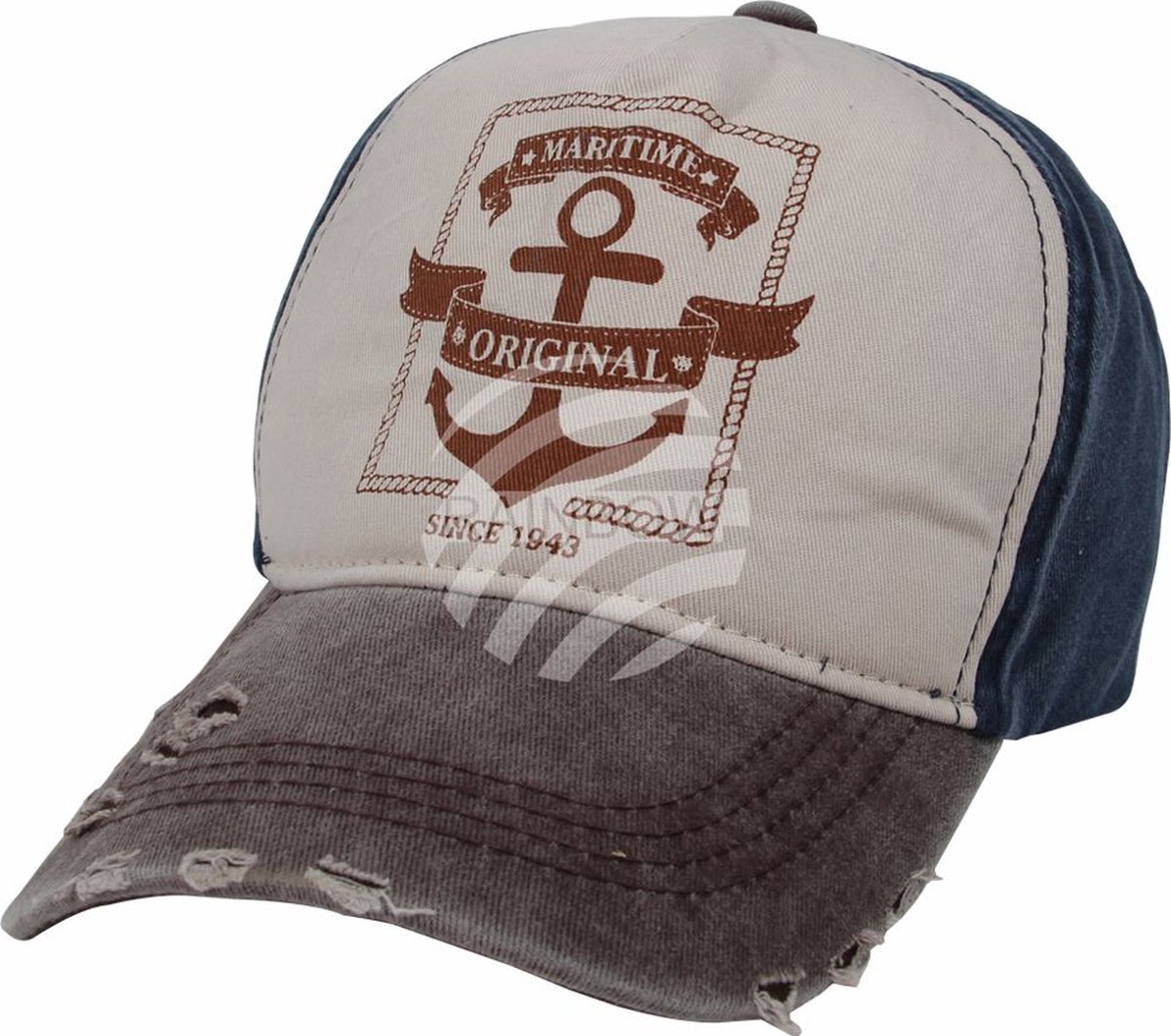 Baseball Cap Vintage Maritime Original – Schipper Cap - eCarla – Blauw/Beige/Bruin - Stonewashed Denim Pet