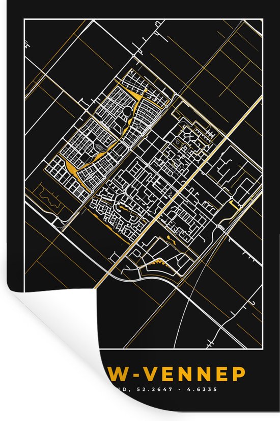 Muurstickers - Sticker Folie - Nieuw-Vennep - Stadskaart - Plattegrond - Kaart - Black and Gold - 80x120 cm - Plakfolie - Muurstickers Kinderkamer - Zelfklevend Behang - Zelfklevend behangpapier - Stickerfolie