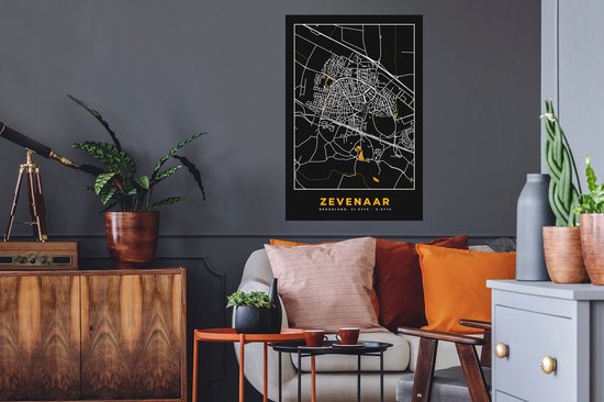 Stickers muraux - Film autocollant - Zevenaar - Black and Gold et Or - Plan de la ville - Carte - Carte - 60x90 cm - Film adhésif - Stickers muraux Chambre d'enfant - Papier peint autocollant