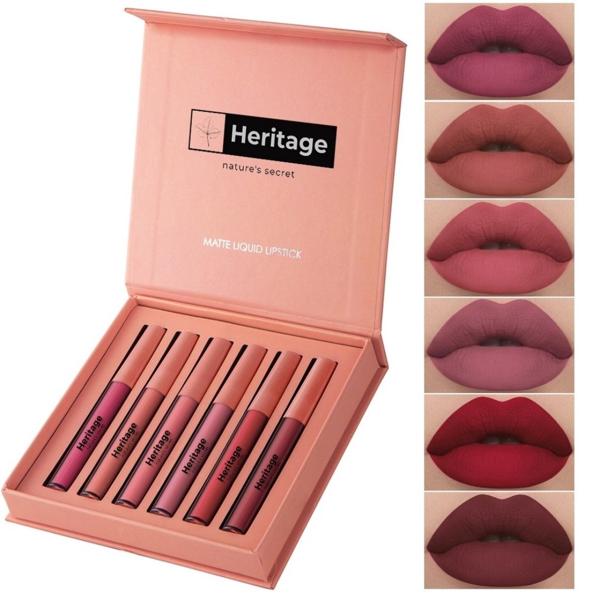 HERITAGE 6 kleuren Long lasting Matte Liquid Lipsticks Set - Vegan - Waterproof - non sticky - High pigmented - Kissproof.