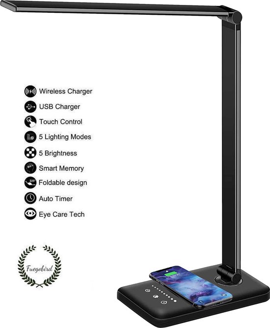 Fuegobird EK009 LED Bureaulamp – Bedrade – Draadloos Opladen Voor Telefoon – Dimbaar – Opvouwbaar – Smart Touch - Qi-Technologie – Zwart