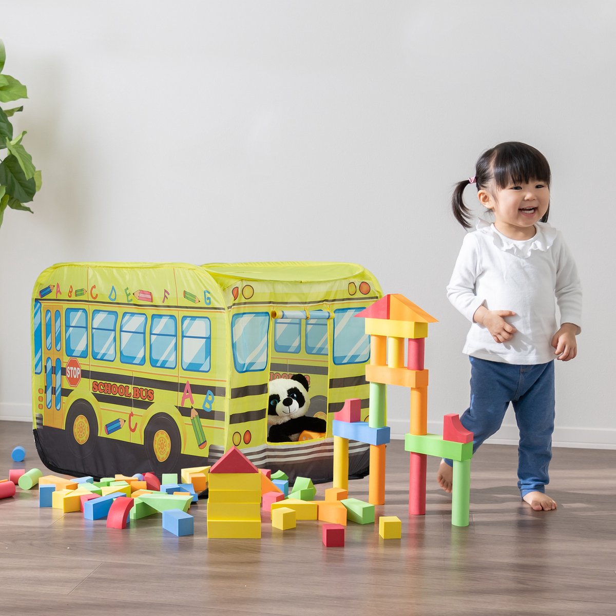 Tente Pop-up Bus Scolaire – Pliable En Tissu Oxford – 3 Ouvertures – 112 X 75 X 70 Cm – Cadeau Garçon Fille