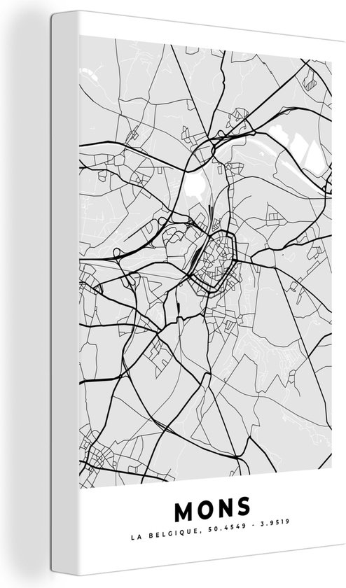 Canvas Schilderij België – Mons – Stadskaart – Kaart – Zwart Wit – Plattegrond - 80x120 cm - Wanddecoratie