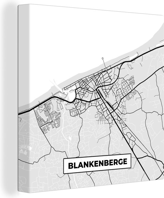 Canvas Schilderij Kaart – Plattegrond – Stadskaart – Blankenberge – België – Zwart Wit - 20x20 cm - Wanddecoratie