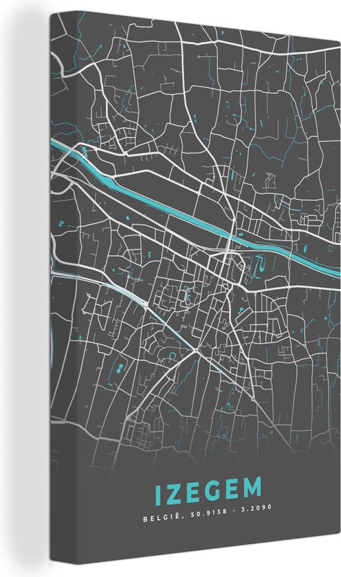 Canvas Schilderij België – Izegem – Stadskaart – Kaart – Blauw – Plattegrond - 80x120 cm - Wanddecoratie