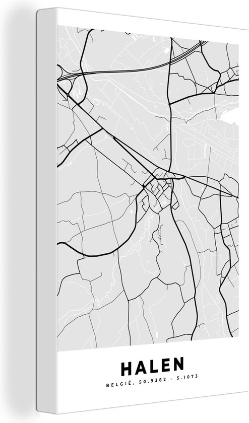 Canvas Schilderij Zwart Wit – België – Plattegrond – Stadskaart – Kaart – Halen - 20x30 cm - Wanddecoratie