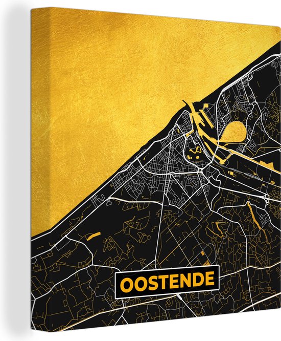 Canvas Schilderij Kaart - Oostende - Plattegrond - Stadskaart - Goud - 50x50 cm - Wanddecoratie