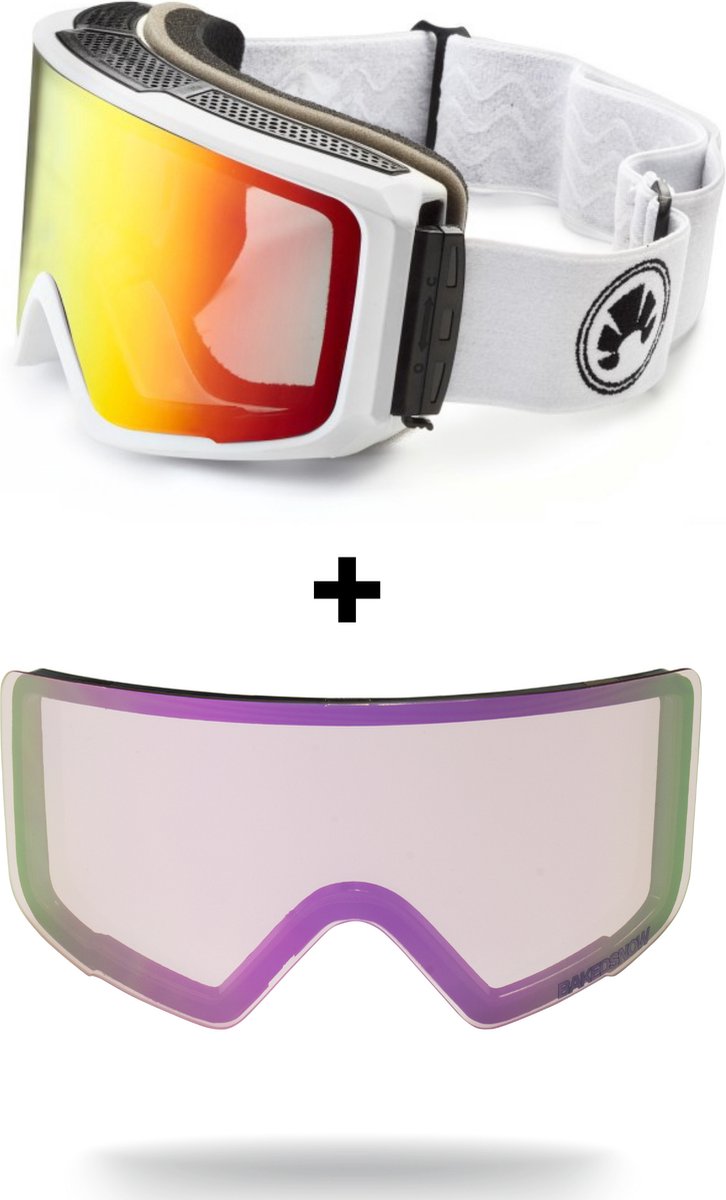 Bakedsnow skibril - config red - extra lowlight lens - Ski & Snowboard goggle met magnetische lenzen - Unisex - Goede fit, ook met Helm - Dubbele lens met anti-fog coating