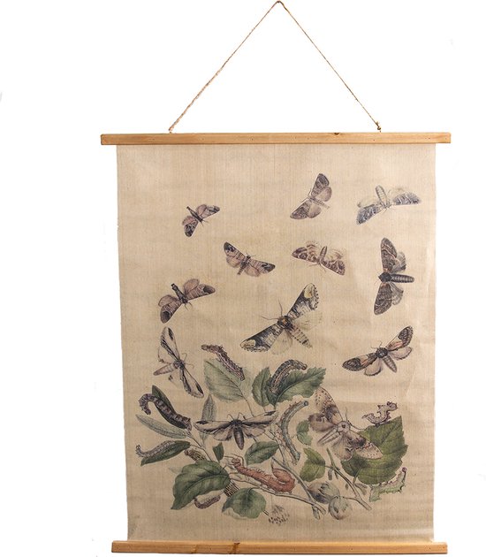 Clayre & Eef Wandkleed 80x100 cm Beige Hout Textiel Rechthoek Vlinders Wanddoek