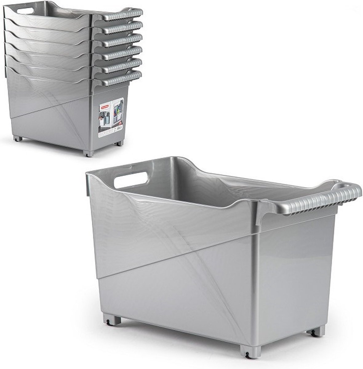 Plasticforte Opbergbox - Set van 4x stuks - zilver - 45 x 24 cm - kunststof - op wieltjes