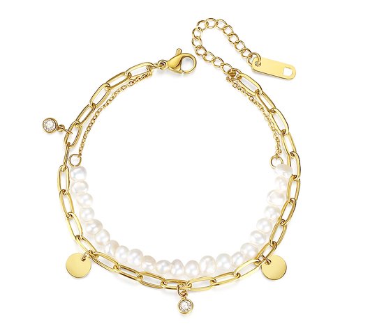 Armband dubbel met bedels en parels combinatie- Zazi Pearls goud verguld - Goudkleurige Armbanden Sophie Siero in geschenkverpakking