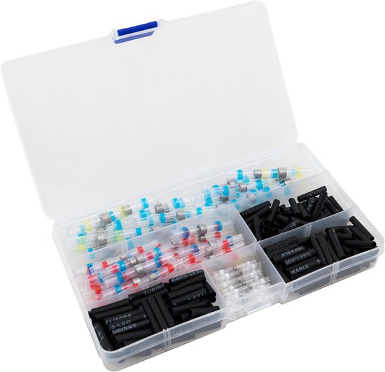 Een open assortimentsdoos met soldeerhulzen en krimpkousen, gesorteerd op kleur en type.