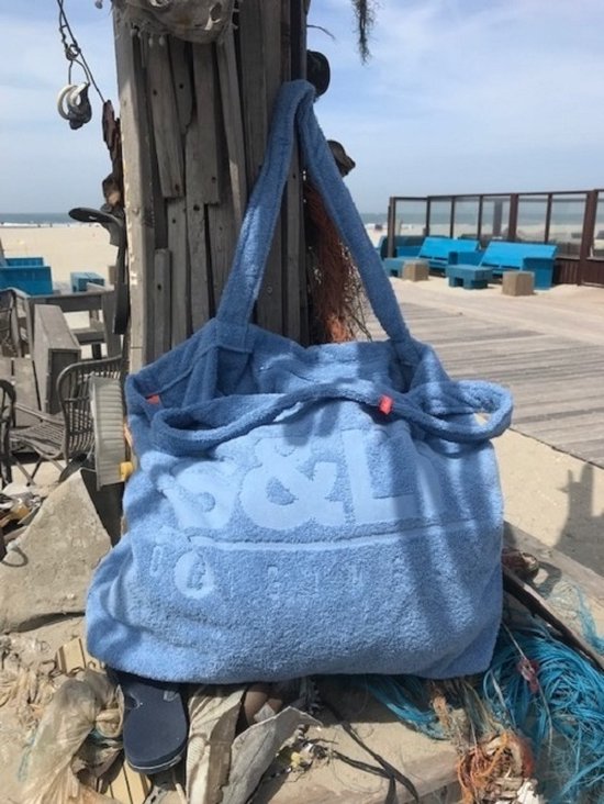 Badstof strandtas denim - XXL tas 50x65 cm.- terry shopper -hengels - afsluitbaar binnenzakje - 100% katoen/badstof