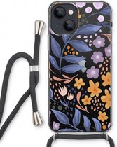 Case Company® - iPhone 13 hoesje met Koord - Flowers with blue leaves - Telefoonhoesje met Zwart Koord - Extra Bescherming aan alle Kanten en Over de Schermrand