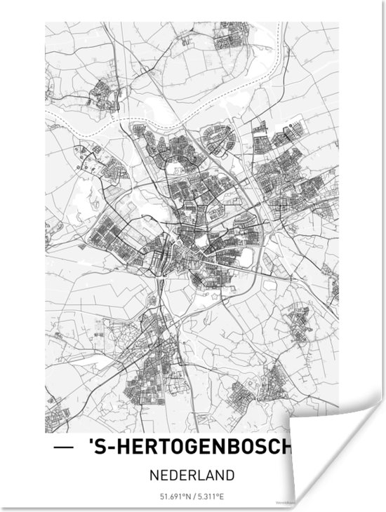 Poster Plattegrond - 's-Hertogenbosch - Zwart - Wit - 60x80 cm - Stadskaart