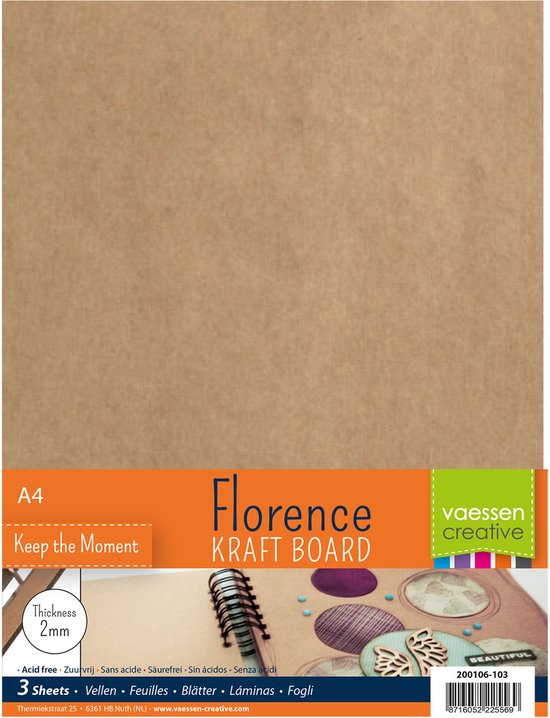 Vaessen Creative Florence Kraft Board dik knutselkarton 2 mm dik, 3 vellen spaanplaat A4, boekbindkarton, grijs karton voor scrapbooking, zelfgemaakte boeken en fotoalbums, kraftbruin