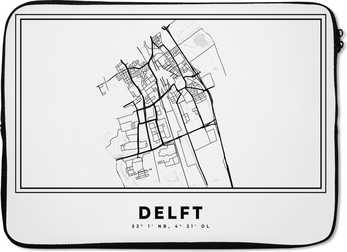 Laptophoes 13 inch - Plattegrond – Delft – Zwart Wit – Stadskaart - Nederland - Kaart - Laptop sleeve - Binnenmaat 32x22,5 cm - Zwarte achterkant - Stadskaart