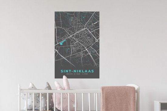 Muurstickers - Sticker Folie - België – Sint Niklaas – Stadskaart – Kaart – Blauw – Plattegrond - 40x60 cm - Plakfolie - Muurstickers Kinderkamer - Zelfklevend Behang - Zelfklevend behangpapier - Stickerfolie