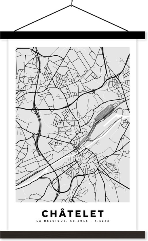 Porte-affiche avec affiche - Affiche scolaire - België - Châtelet - Plan de ville - Carte - Zwart Wit - Plan d'étage - 40x60 cm - Lattes noires