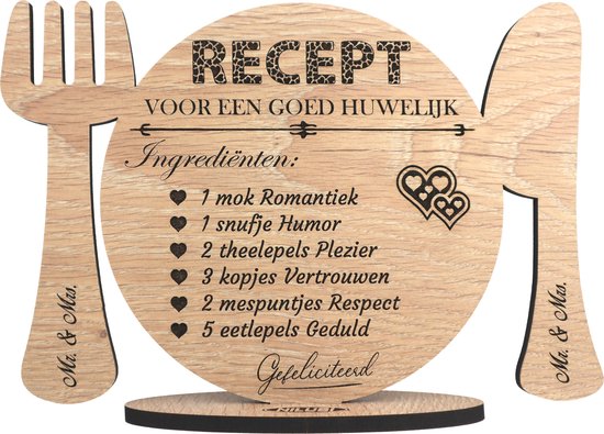 Recept huwelijk - kaart van hout - houten wenskaart - huwelijkscadeau Mr &  Mrs - 17.5... | bol.com
