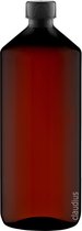 Lege Plastic Fles Apothekersfles 1 Liter PET Amber bruin - met zwarte ribbeldop - set van 10 Stuks - Navulbaar - Leeg