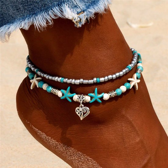 Bracelet de cheville dames coeur - Set de 2 - Bracelet de cheville multicouche - Avec pierres bleues / perles - Étoile de mer - Avec coeur / coeurs - Perles - Turquoise